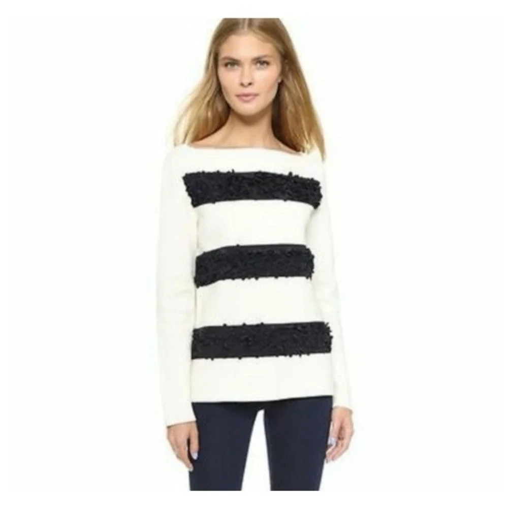 Tory Burch Flutter Flower Striped Top Bateau Neck Ivory Blue Long Sleeves SZ‎ M